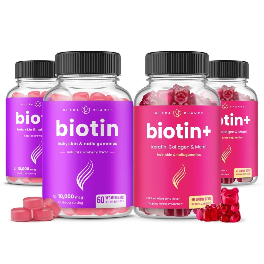NutraChamps Biotin & Biotin+. Täydellinen Duo hiukset, iho ja kynnet. Biotiini, kollageeni, Keratin & More