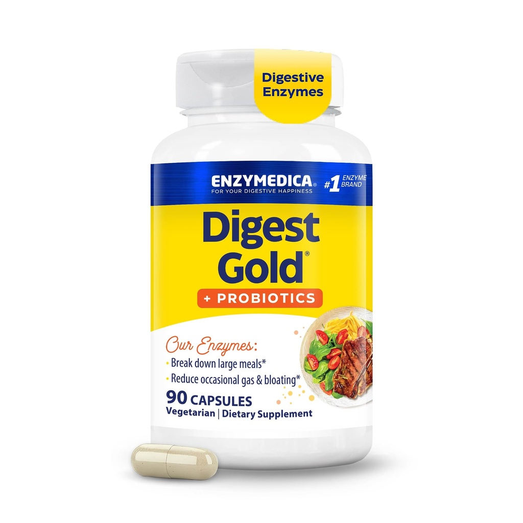Enzymedica Digest Gold + Probiootit, 2-in-1 Formula Gut Health, Dgestive Enzymes & 1 miljardia Active Probiotic Cultures, 90 Count (FFP)