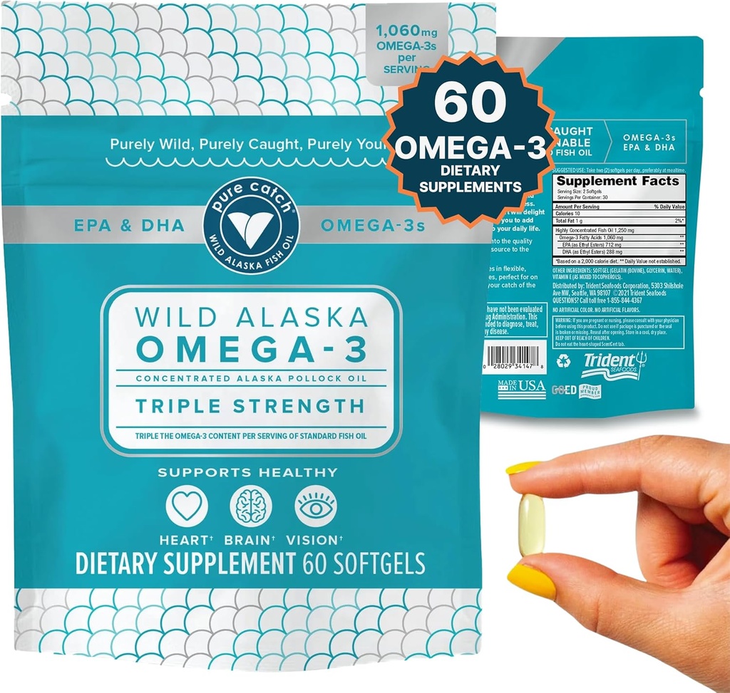 Trident Seafoods Pure Catch Wild Alaskan Fish Oil 1060mg Triple Strength Omega-3 Fish Oil Supplement naisten ja miesten - EPA ja DHA - 60 Ct. Päivittäinen Citrus Soft Gel tukee sydän, aivot ja Vision