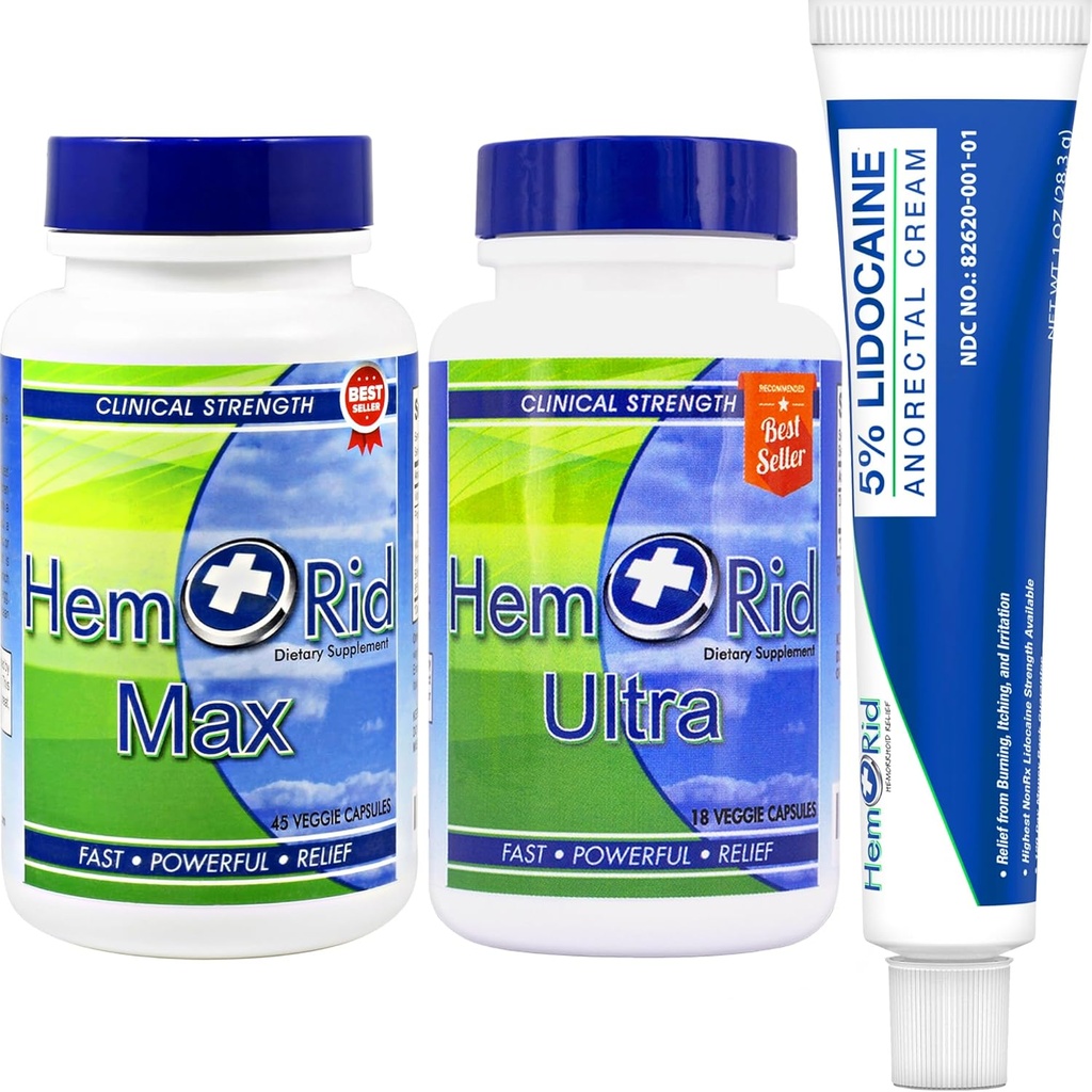 HemRid Täydellinen peräpukama hoitojärjestelmä ... Vahva 5% lidokaiini Cream for Rapid Topical Comfort, Max Ultra Kapselit käynnissä Verisuonisto terveys ja verenkierron tuki