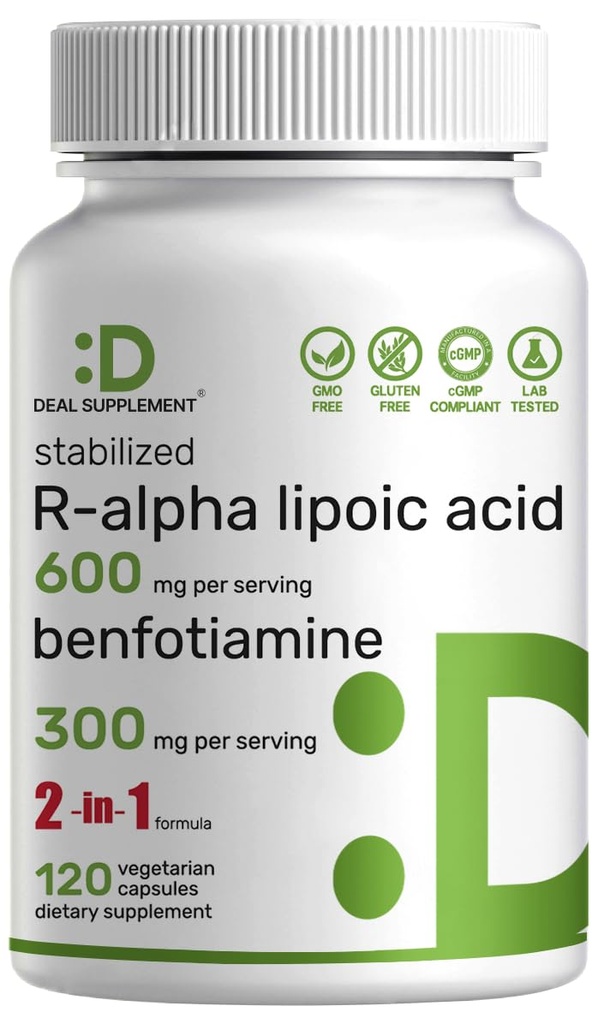 DEAL SUPPLEMENT R Alpha Lipoic Acid 600mg med Benfotiamine 300mg Per Servering, 120 Veggie Capsules - 200mg R-ALA Per Capsule - Antioxidant Supplement för energi och nervsystemsupport