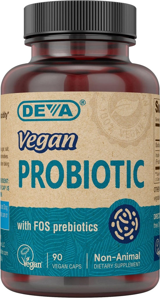 DEVA Vegan Probiootti FOS Prebiootit Supplement - 2 miljardia PMY 100 MG Prebiootit per Serving miehille & naisille - non-Dairy Gluteeniton - Luonnollisesti Hyllytabletti - 90 kapselia