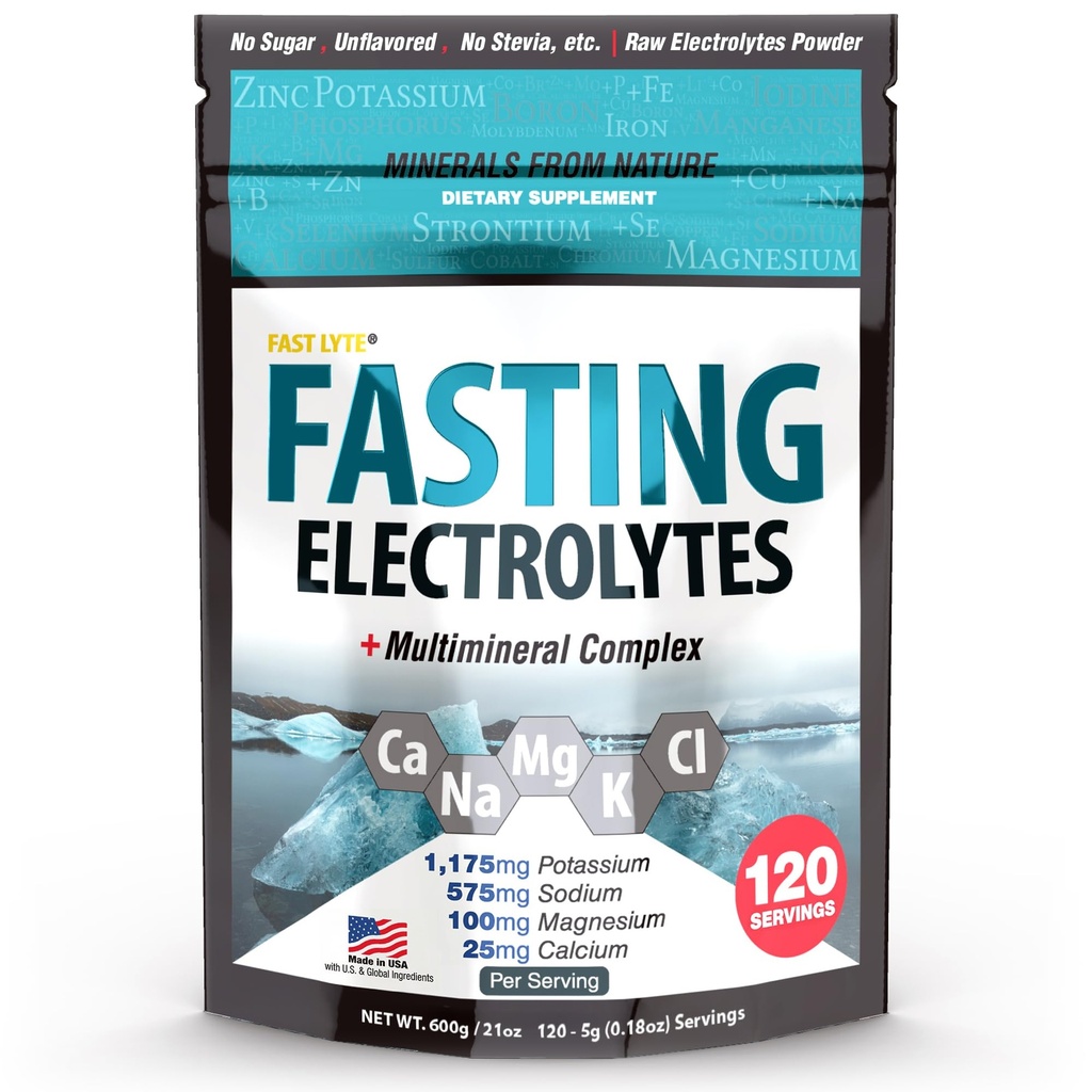 Fasta Electrolyte Supplement Powder | No Sugar Unflavored Raw Electrolytes | 50% RDI Magnesium och kalium med spårmineraler | Carnivore & Keto Friendly | Sugar Free Fasting Salts