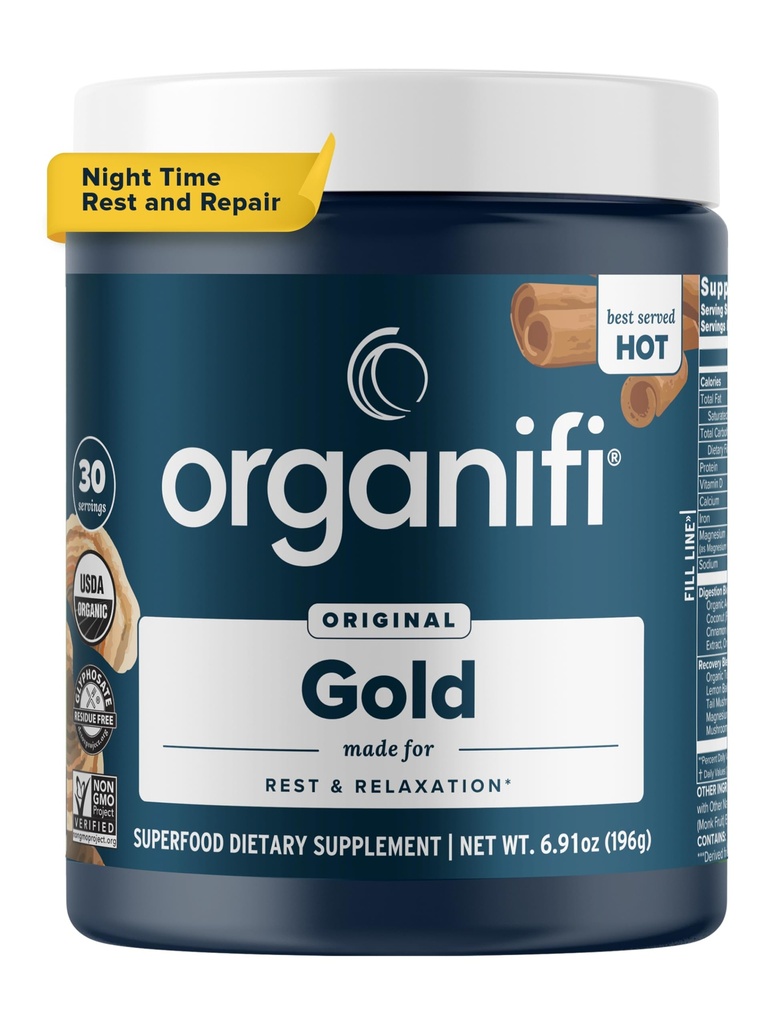 Organifi: Kulta - Superfood Supplement Powder - 30 Tarjoilut - Stressi tuki, parempi lepo, rentoutuminen ja edistää levollinen uni - Turmeerinen ja Reishi infusoitu