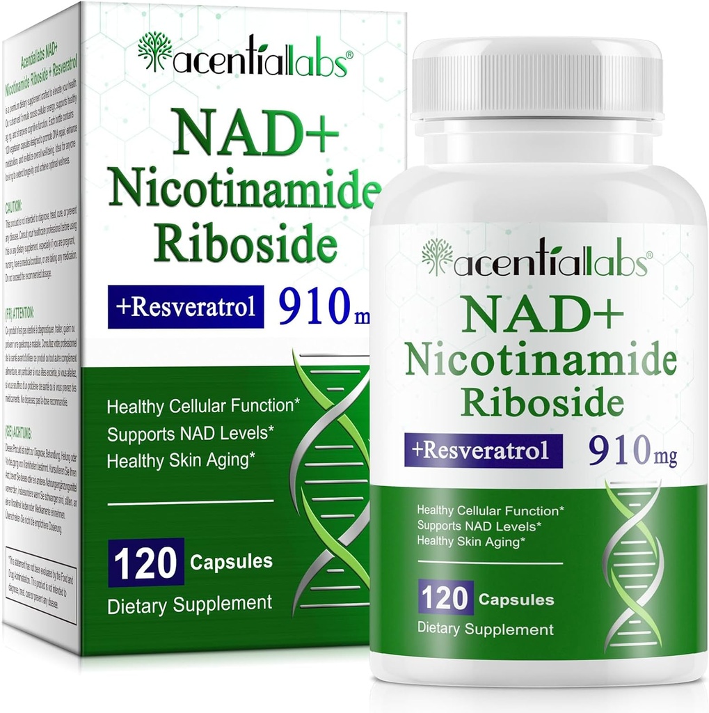NAD Supplement, NAD Nikotinamidi Ribosidi Resveratrol 910mg, High Puhtaus NAD Supplement for Healthy Cellular Function, tukee NAD tasot Terve ihon ikääntyminen ruokavalio täydentää 120 kapselia