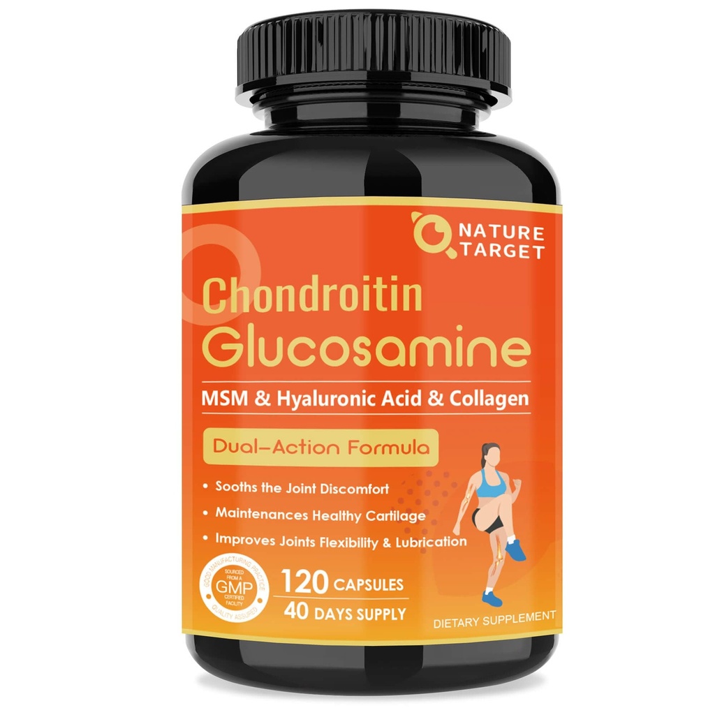 NATURAL TARGET Glukosamiini Chondroitin Joint Support Supplement - Plus MSM, Collagen, Turmeric, Shellfish Free, Tukee Joint, Polvet, Cartilage, miesten & naisten, 120 Caps