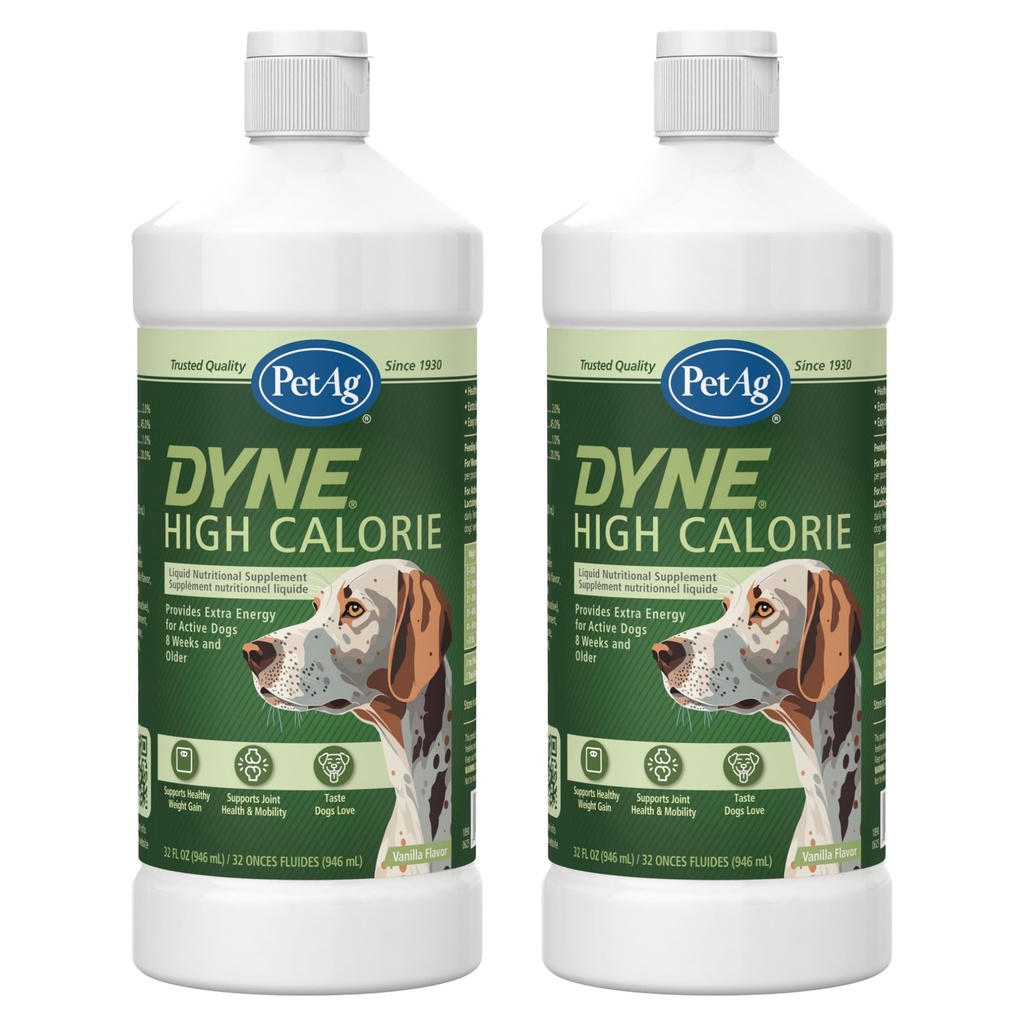 Pet-Ag Dyne High Calorie Liquid Nutritional Supplement koiralle ja koiralle 8 viikkoa ja vanhemmalle - 32 oz, pakkaus 2 - tukee suorituskykyä ja kestävyyttä - makea Vanilla Flavor