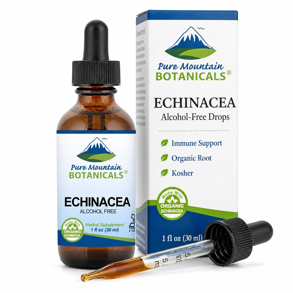 Pure Mountain Botanicals Liquid Echinacea Drops - Kosher Tincture Alcohol Free Extract - 500mg Organic Echinacea -1oz Bottle