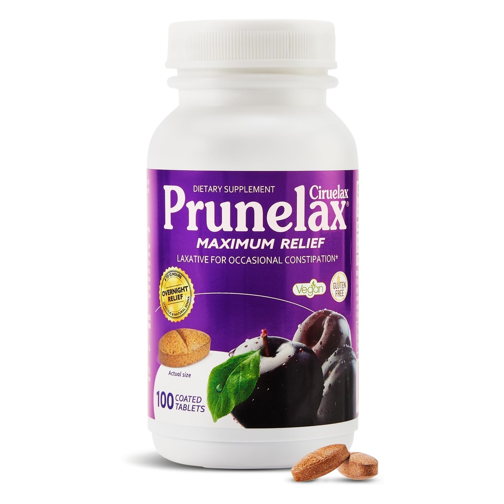Prunelax Ciruelax Maximum Relief Laksative Tablets with Natural Senna for Satunnainen ummetus, Senna Extract, Vegan & Gluteeniton, Hellä Yöllä Relief - 100ct