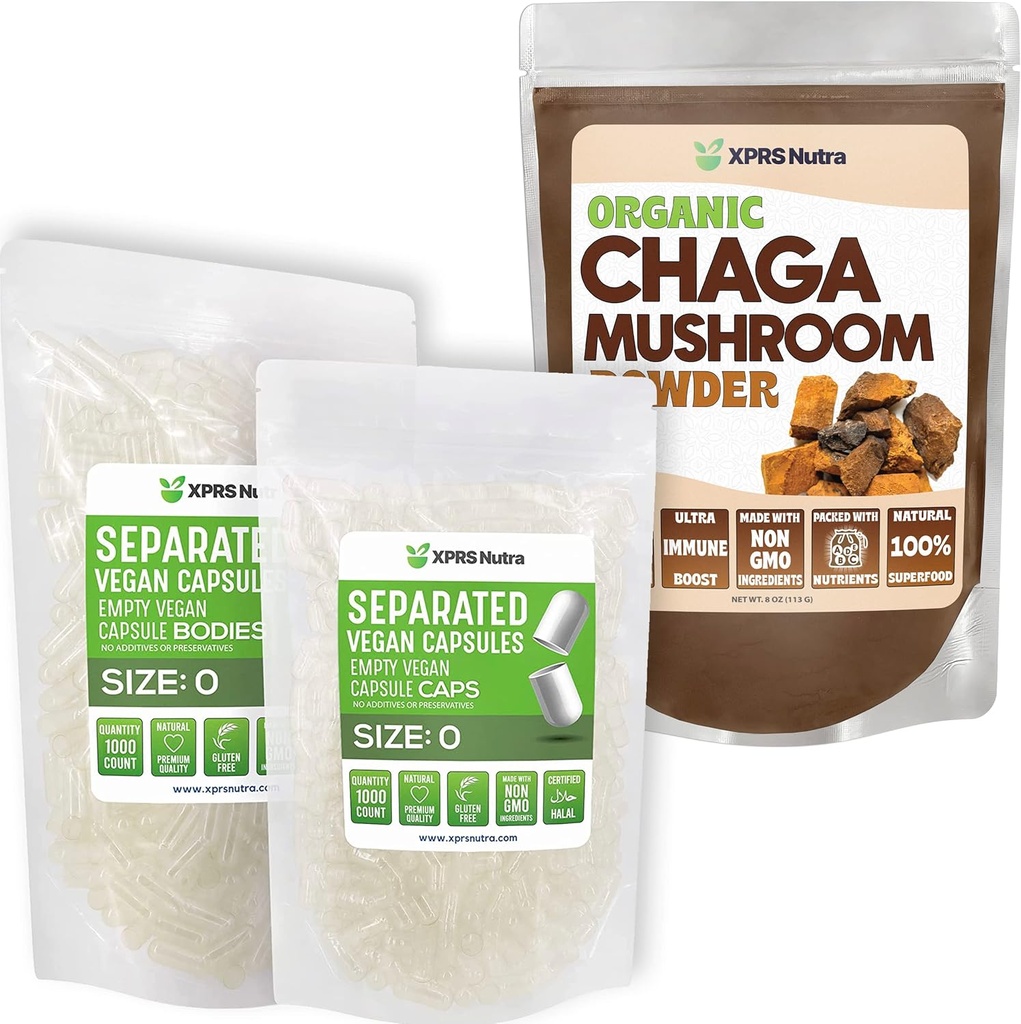 XPRS Nutra Erillinen koko 0 kapselia (1000 kreivi) Chaga-jauheella (8 ounce)