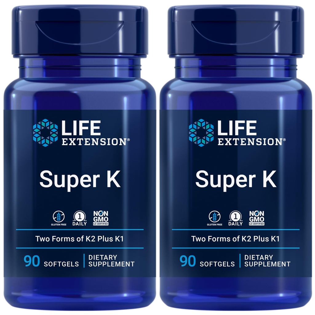 Life Extension Super K, Vitamiini K2 mk-7, K2 mk-4, C-vitamiini, Luu/ sydän/valtimon terveys, 3-kuukautta, Gluteeniton, 1 Päivä, Ei-GMO, 90 pehmogeeliä (Pakkaus 2)
