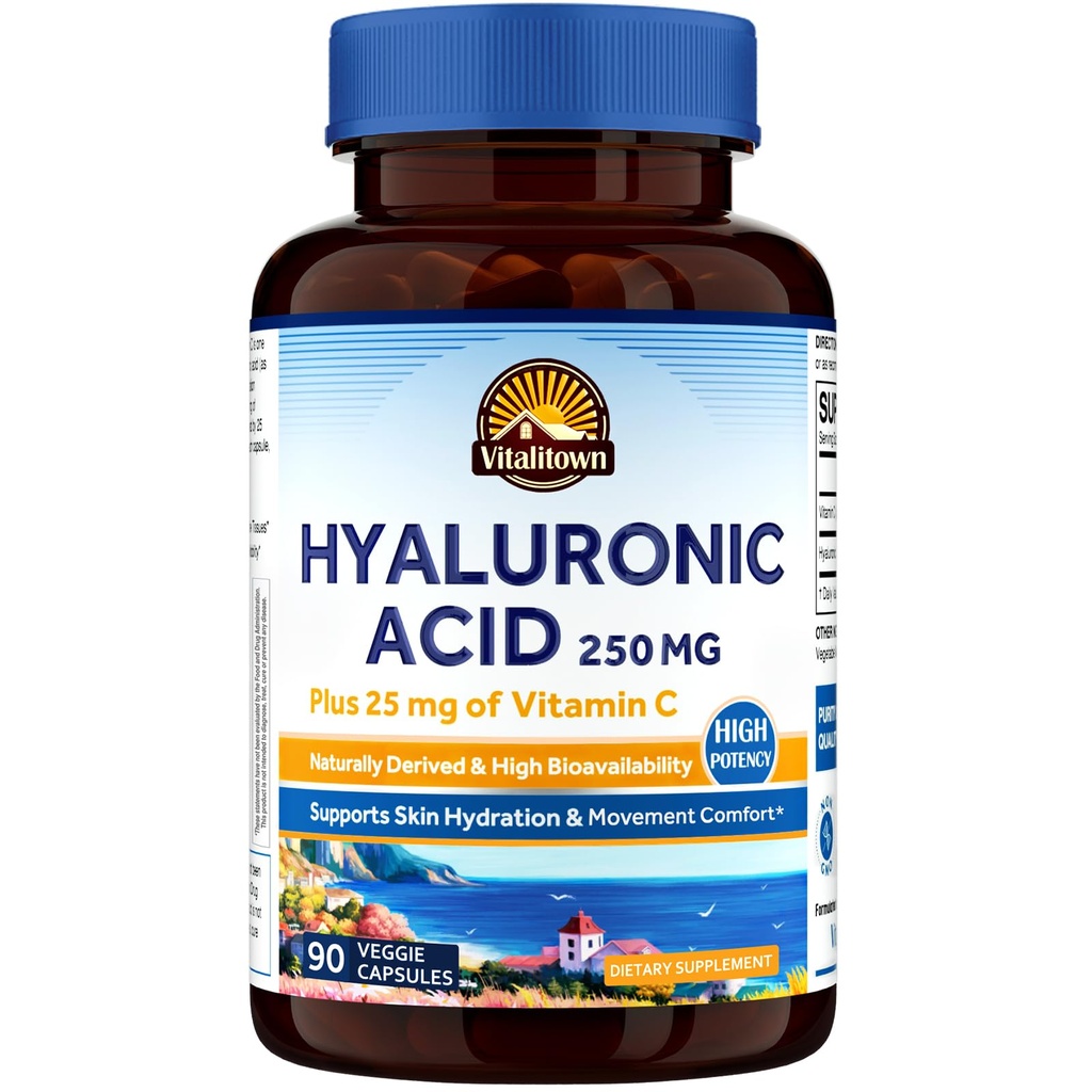 Vitalitown Hyaluronic Acid Supplements 250 mg, Plus 25 mg Vitamin C, Naturligt härledd och hög biotillgänglighet, hudhydration, 90 Vegan kapslar, 3 månaders leverans