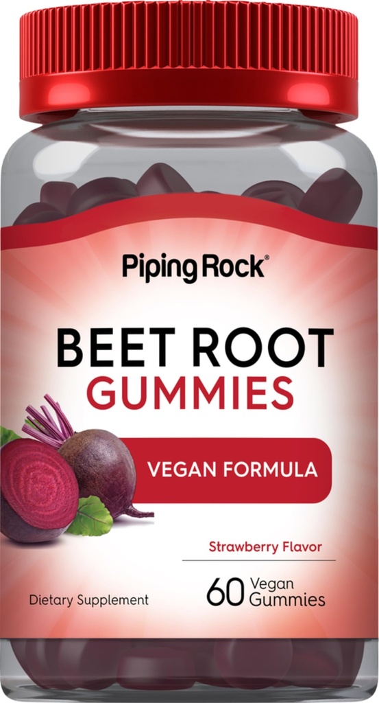 Piping Rock Beet Root Gummies | 60 greve | för män och kvinnor | Nitric Oxide Supplement | med Vitamin C och Black Pepper | Strawberry Flavor | Vegan, Non-GMO, Gluten Free