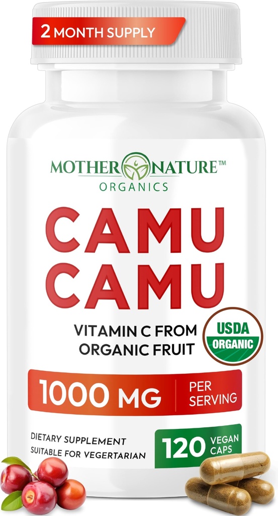 Organisk vitamin C från Camu Camu Capsules 1000mg, Packad med Natural VIT C, Raw Antioxidanter - Immun Support Supplement & Anti-Aging for Skin - Powder Organic, Vegan, Non-GMO (120 Count)