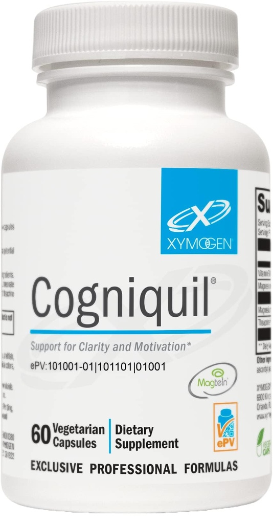 XYMOGEN Cogniquil - Stöd för klarhet, fokus, motivering, mental och fysisk energi - Magnesium L-Threonate för att leverera biotillgänglig magnesium till hjärnan, Theacrine + Vitamin B12 (60 kapslar)