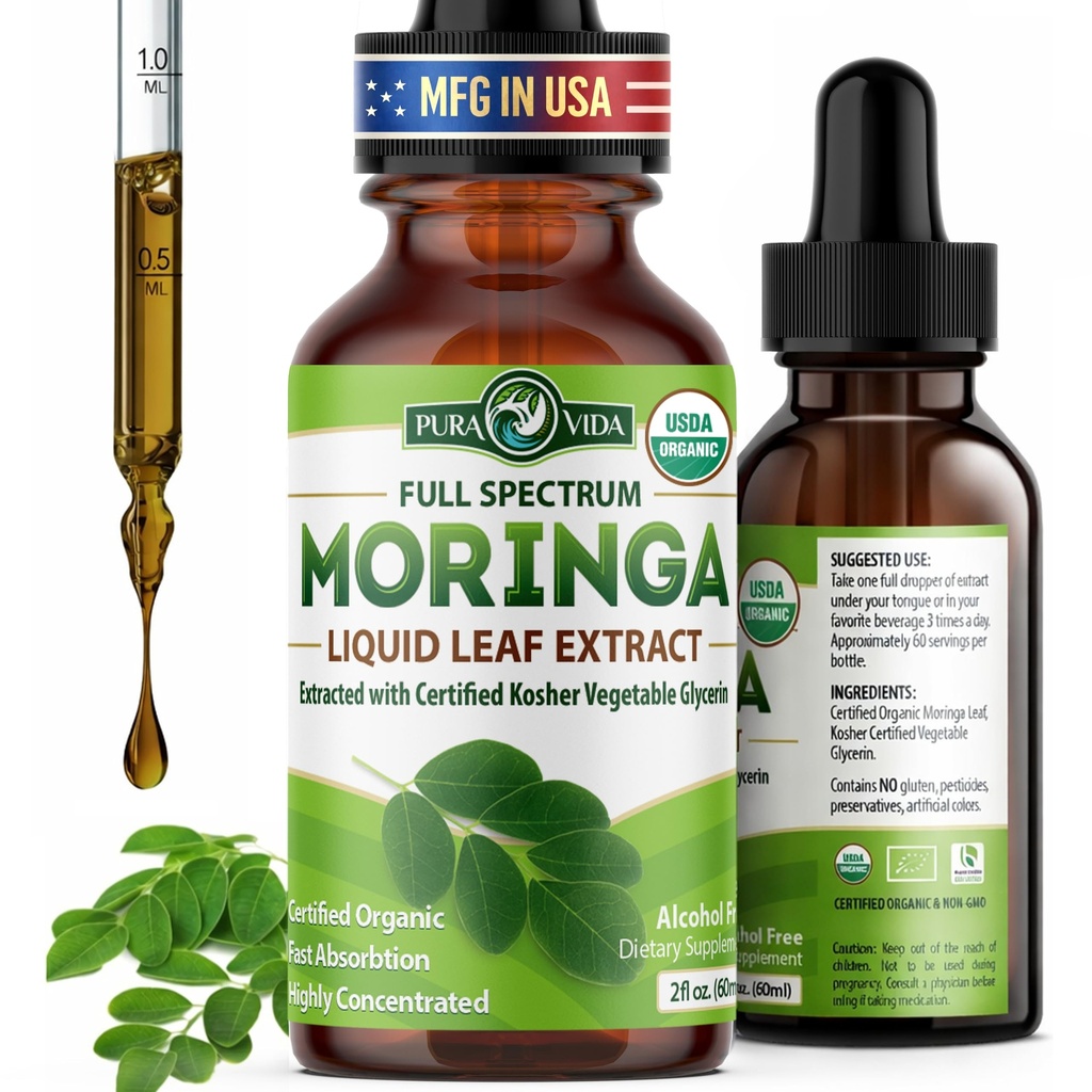 PURA VIDA MORINGA Leaf Extract Liquid Drops - USDA Organic Certified - Erittäin puhdas, Biosavable & Nopeampi imeytyminen kuin Moringa Powder tai kapselit - Single Origin Moringa Oleifera Leaves Extract