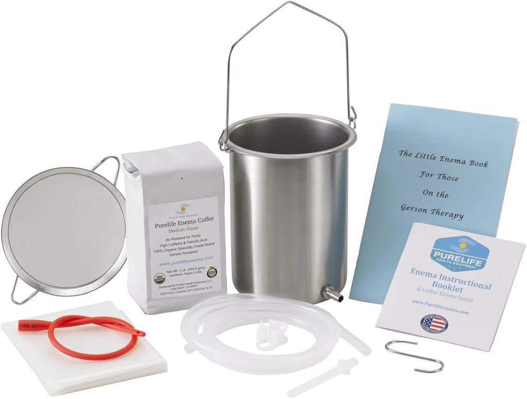 PureLife Coffee Enema Kit- Valmistettu USA - Kaikki tarvitsemasi Kit - 2 Qt USA Ruostumaton teräs Enema Enema Bucket - Lab Testattu Organic Enema Coffee - Mold, Fungus, Mycotoxin Free - 1 punta - Kahvikanta