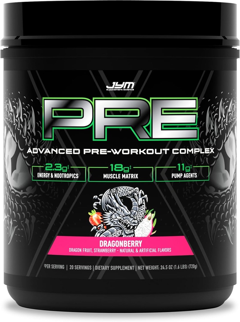 JYM Supplement Science Pre JYM X Dragonberry Advanced Pre-Workout Powder Massive Pumps, Sitruliininitraatti, Dynamine, NO3T Betaine, BCAA...