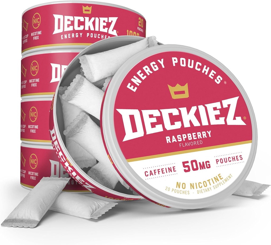 Deckiez Energy Puches, 5 tölkit (100 tarjoilua), sokeriton kofeiini täydentää, kahvipussit & energiajuoma Vaihtoehtoinen, 50 mg kofeiini pussit, vadelma maku
