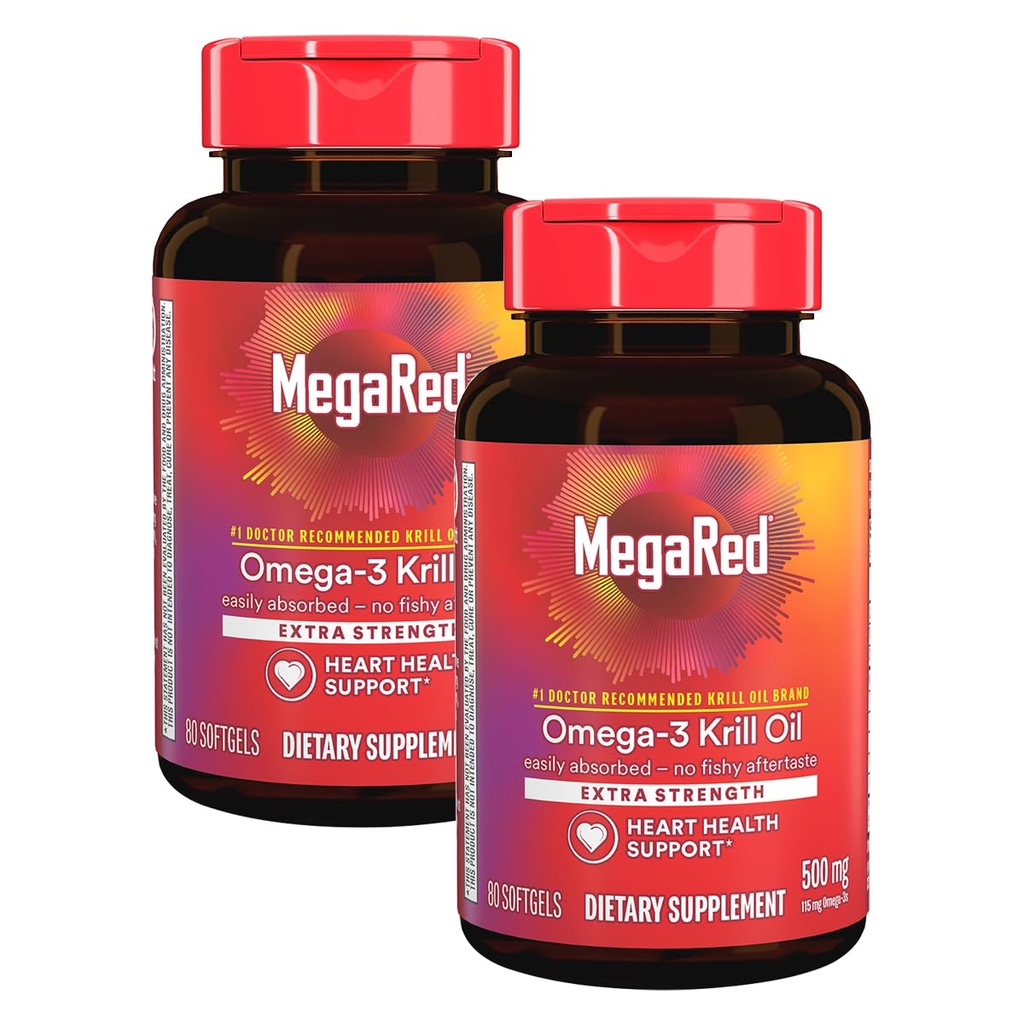 MegaRed Extra Strength 500 mg Omega-3 Krill Oil täydentää EPA / DHA, Ei Fishy Jälkimaku tukee sydänterveys, 80 Count Softgels (2 pakkaus)