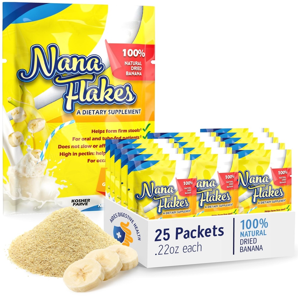Nana Flakes 100% Pure Banana Flakes Medical Food Powder - Vähentää rasvan saantia & Natural Remedy ripulin & Heart Burn - Suuri lähde proteiini & kuitua (25 Single-Serve Packs)