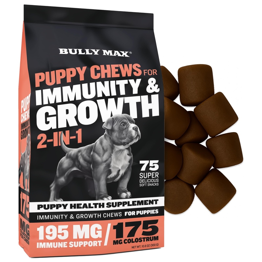 Bully Max 2-i-1 valp behandlar mjuka Chews för immunitet och tillväxt - Dog Vitaminer & tillägg - Essential Multivitamin Food Topper för hälsa och immunstöd - små, medelstora och stora rasvalpar