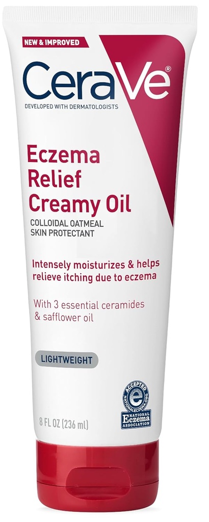 CeraVe Ekseema Relief Creamy Body Oil, Ekseema Calming Cream Kolloidinen kaurapuuro & saflori öljy kuiva iholle ja kutiava ihon helpotus, steroiditon & Paraben vapaa, 8 Ounce