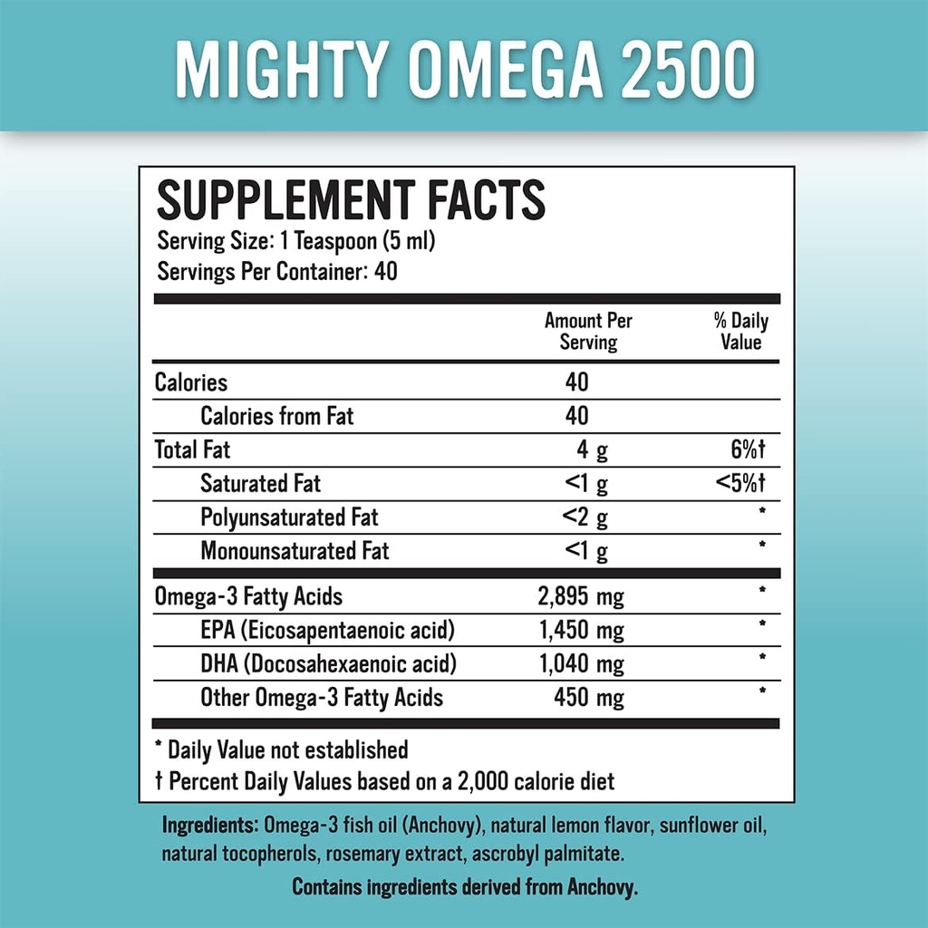 Mighty Omega 2500 Potent Omega 3 täydennysosa - 2500 MG EPA DHA Per Teaspoon - suuri annos Omega 3 kalaöljy - South Pacific Sardelli Lähde - Triglyseridi Omegas 3 rasvahappo täydentää