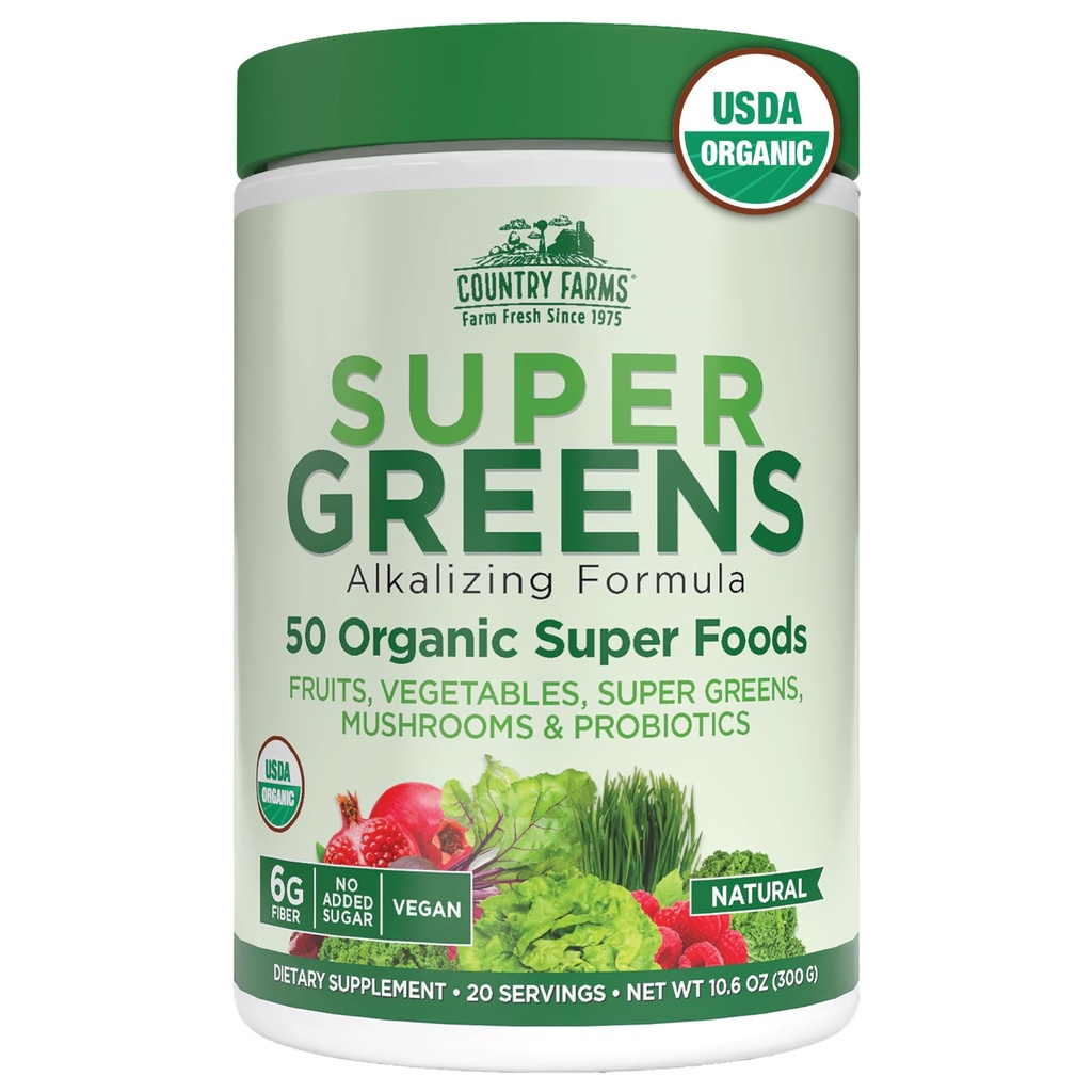 Maa Maatilat Organic Super Greens Natural Flavor, 50 Organic Super Foods, pakattu kuitua, USDA Organic Drink Mix, hedelmät, vihannekset, sienet ja Probiootit, Tukee energiaa, 6g kuitua