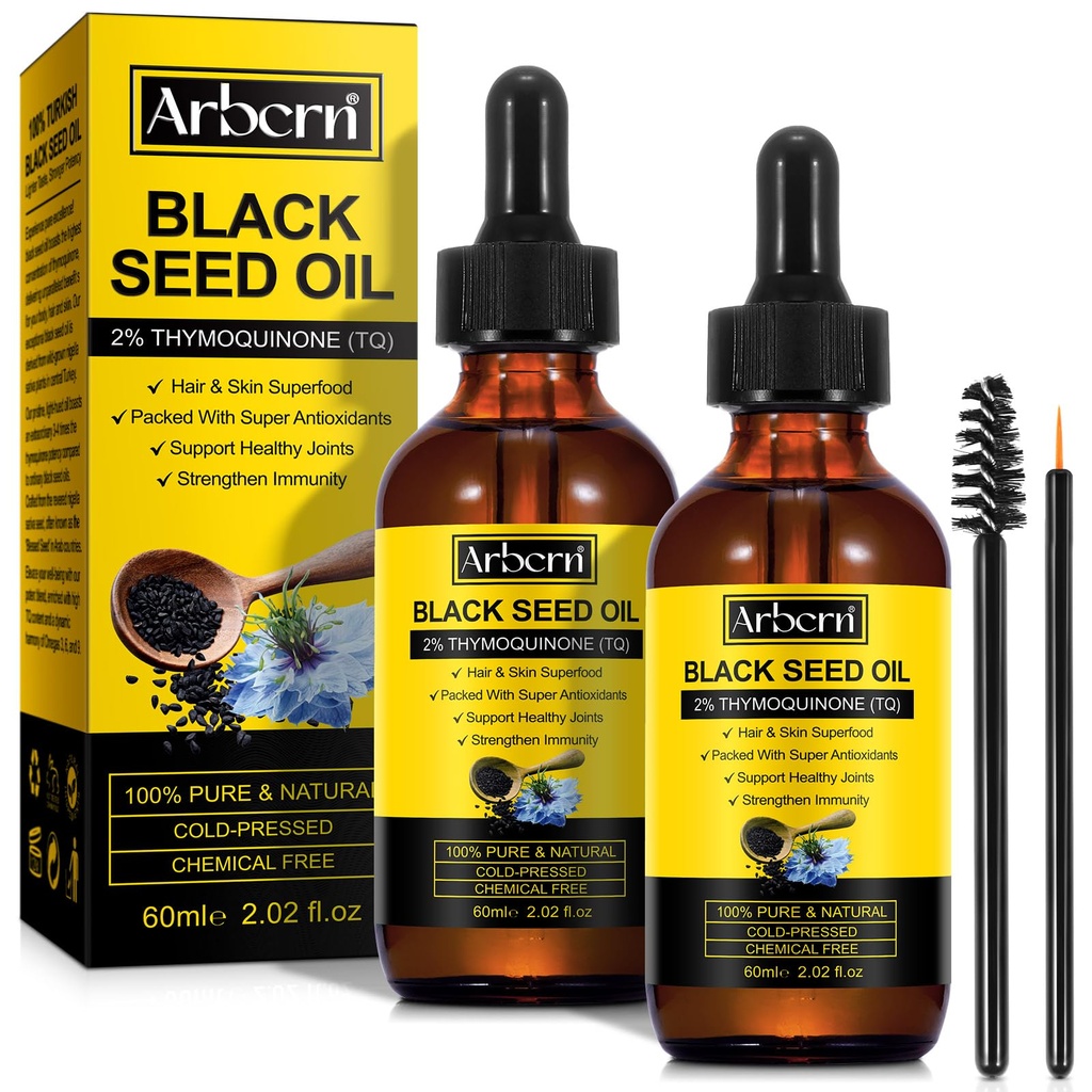 2 Pack Black Seed Oil Organic Cold Pressed,100% Pure & Natural Liquid Black Seed Oil Cold Pressed Glass Bottle 60ML för hudbilar, näring och hydrates hår