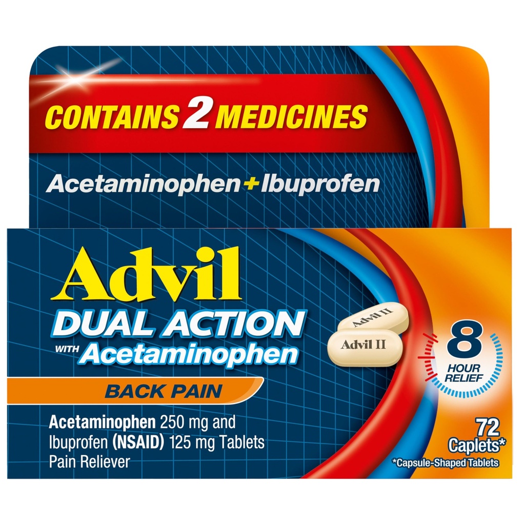 Advil Dual Action Back Pain Caplets toimittaa 250 mg Ibuprofeenia ja 500 mg asetaminofeenia per annos 8 tuntia selkäkipua lievittää - 72