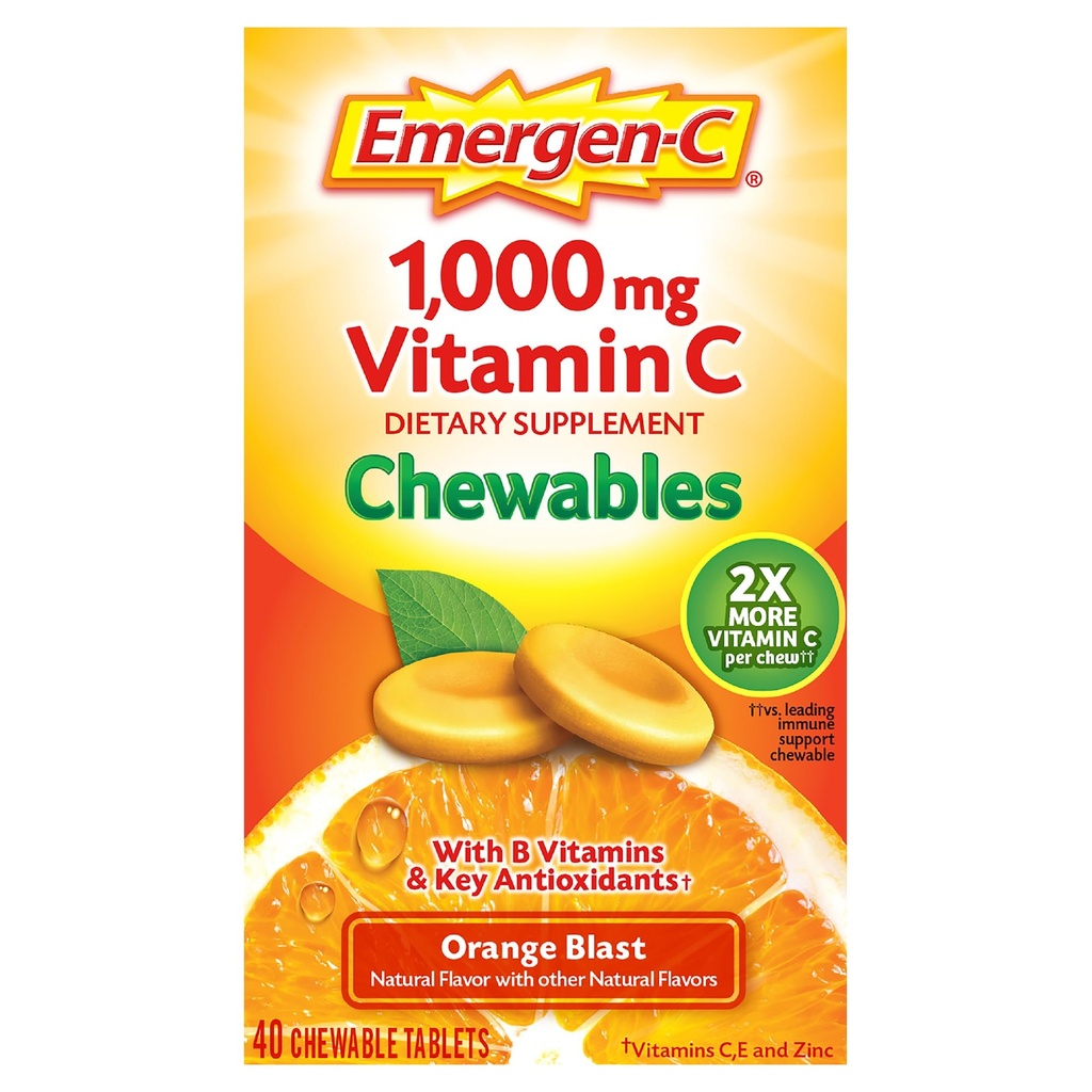Emergen-C purutabletti C 1000 mg, jossa B-vitamiinit ja antioksidantit Tabletti (40 kreivi, Orange Blast Flavor), Ravintolisä