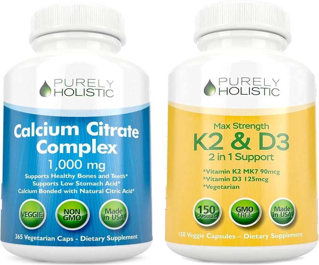 Rent Holistic Calcium Citrate Komplex 1000mg + Vitamin D3 125mcg K2 MK7 90mcg - 365 Vegan kapslar + 150 vegetariska kapslar Bundle - Made in USA