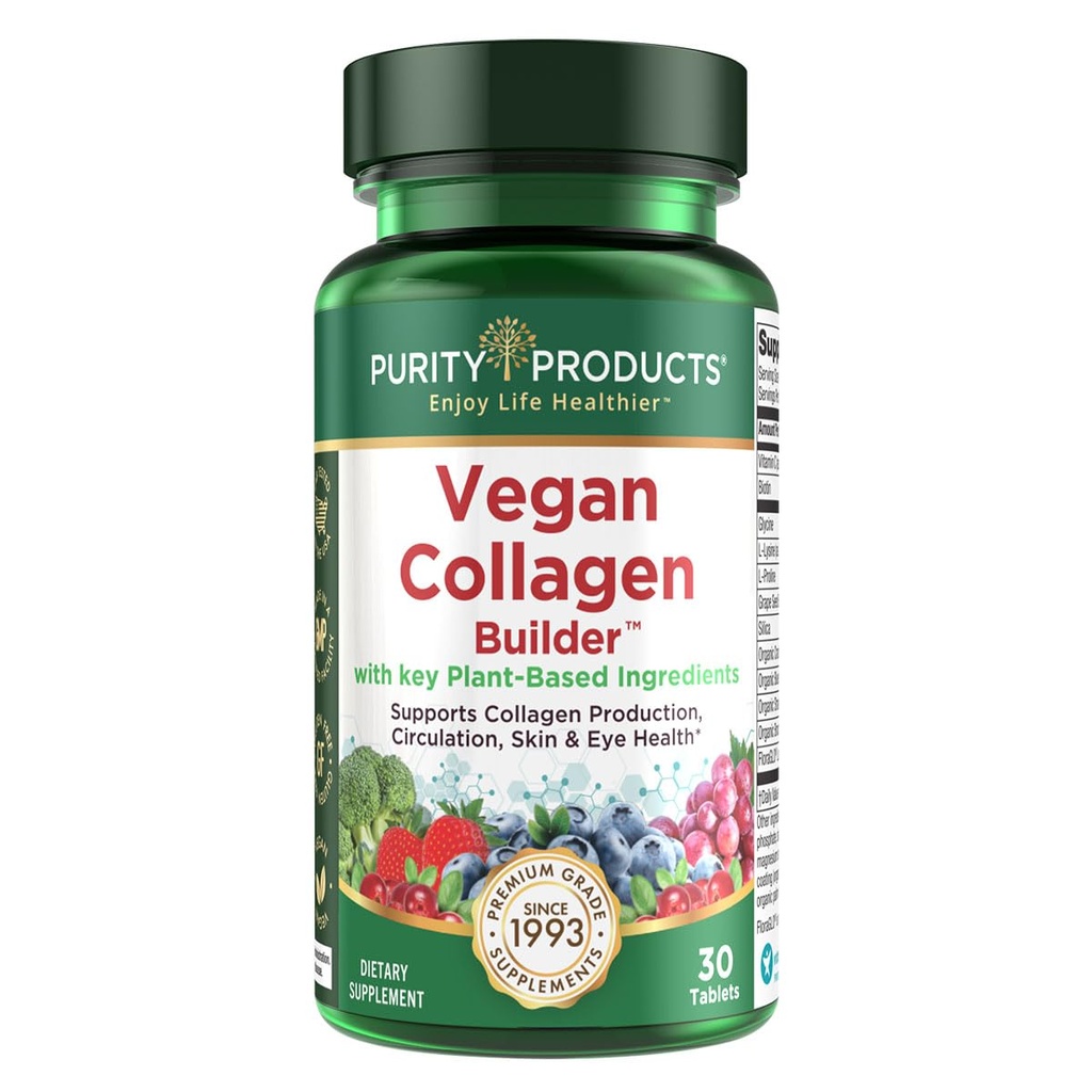 Vegan Collagen Builder - Organic Whole Foods Fruits + Veg, Silika, Lutein, C-vitamiini, Biotiini, Rypälesiemen - Aminohapot Glysiini, Lysiini + Proline Collagen Boosters (30 Servings, Tabletit)