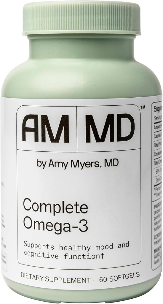 Amy Myers MD Complete Omega-3 Softgels - Fish Oil Supplement för kardiovaskulär och immunsystemsupport - Icke-GMO, Non-Dairy & Non-Soy - 60 Softgels (60 portioner)