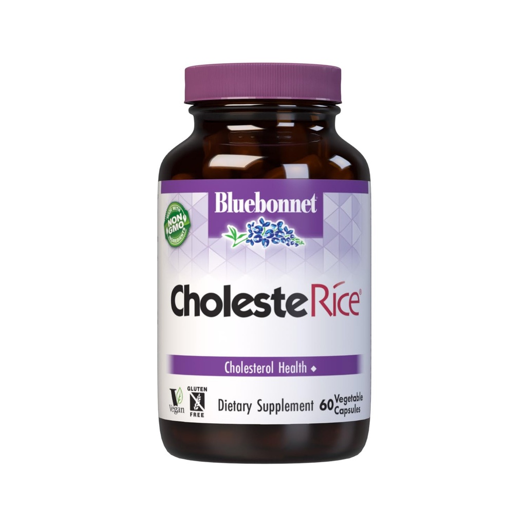 Bluebonnet Nutrition CholesteRice Vegetable Capsules, Red Yeast Rice, Plant Sterols, Pantethine, CoQ10, Policosanol, Vegan, Vegetarian, Non GMO, Gluten Free, Milk Free, SOY-FREE, 60 Vegetabiliska kapslar