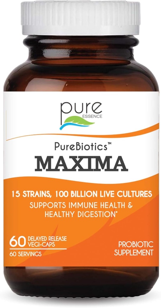 PURE ESSENCE LABS Maxima Probiootit 100 miljardia PMY - Miehet & naiset Probiootti täydentää parempaan digestiota - 15 kanta Immuunitukea ja digestiivinen terveys (60 kapselia)