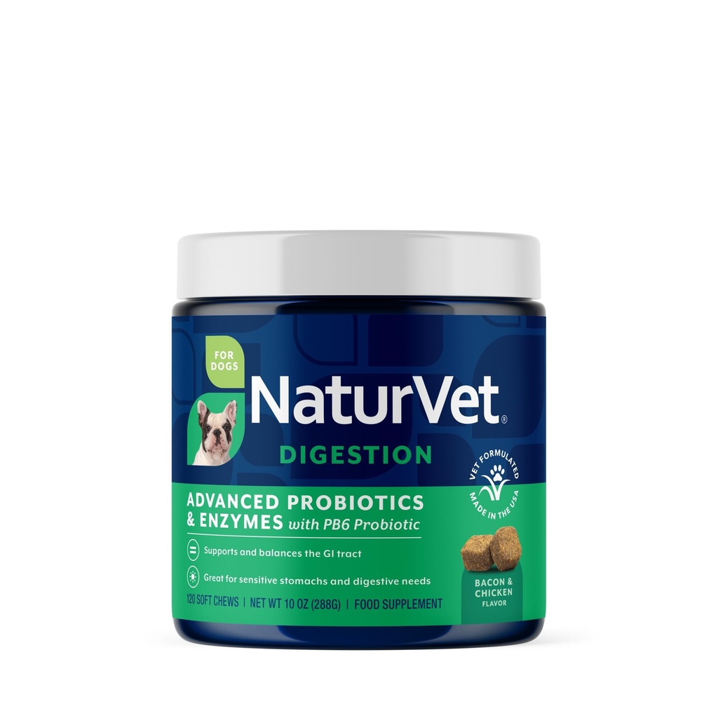 NaturVet Advanced Probiootit & Entsyymit, PB6 Dog Soft Chews auttaa herkkä vatsat ja Ruoansulatus ongelmia, Hikkory savustettu Bacon Flavored Lemmikkilisä koirille yli 6 viikkoa, 120 Count Jar