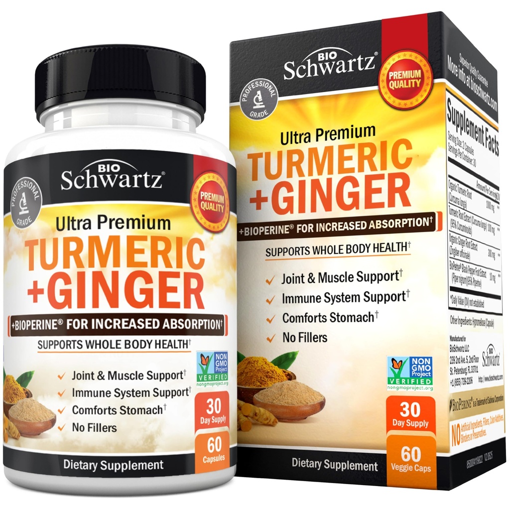 Gurkmeja Curcumin och Ginger Supplement - 95% Standardiserade Curcuminoids med BioPerine Black Pepper Extract för Ultra High Absorption - Natural Joint Support Supplement - Gluten-Free - 60 kapslar