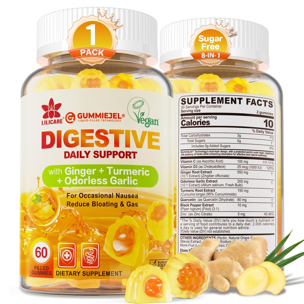 Ginger Chews Gummies för Nausea & Digestive Support, Stomach Relief - Sugar Gratis med gurkmeja & Odorless vitlök, Quercetin, Vitamin D3, C, Delicious Digestive Supplements, 60Cts (Pack av 1)