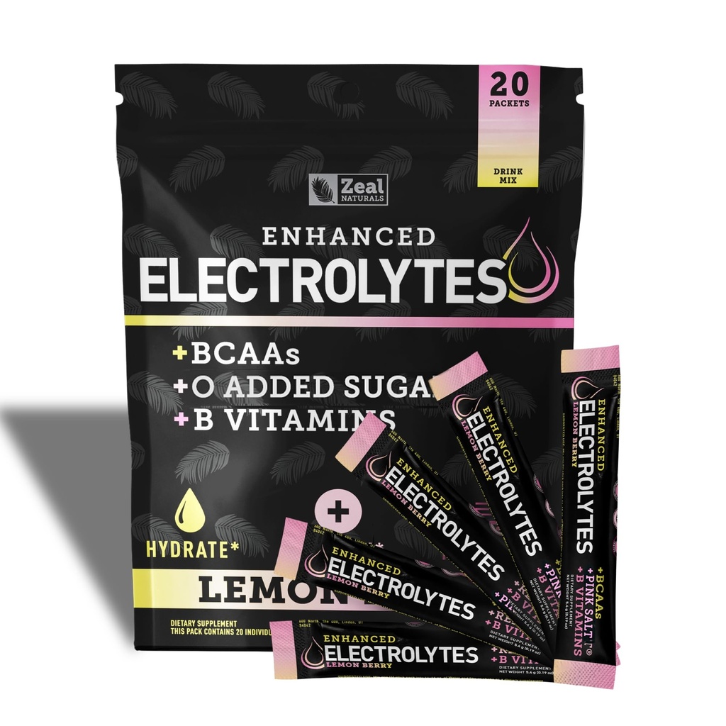 Enhanced Electrolyte Powder Stick Packs (Sitruunamarja 20 pakkausta) w/ 0 Sugar + BCAAs + B- vitamiinit Elektrolyytti Supplement w Kaliumsinkki & Magnesium for Hydration - Keto Electrolytes
