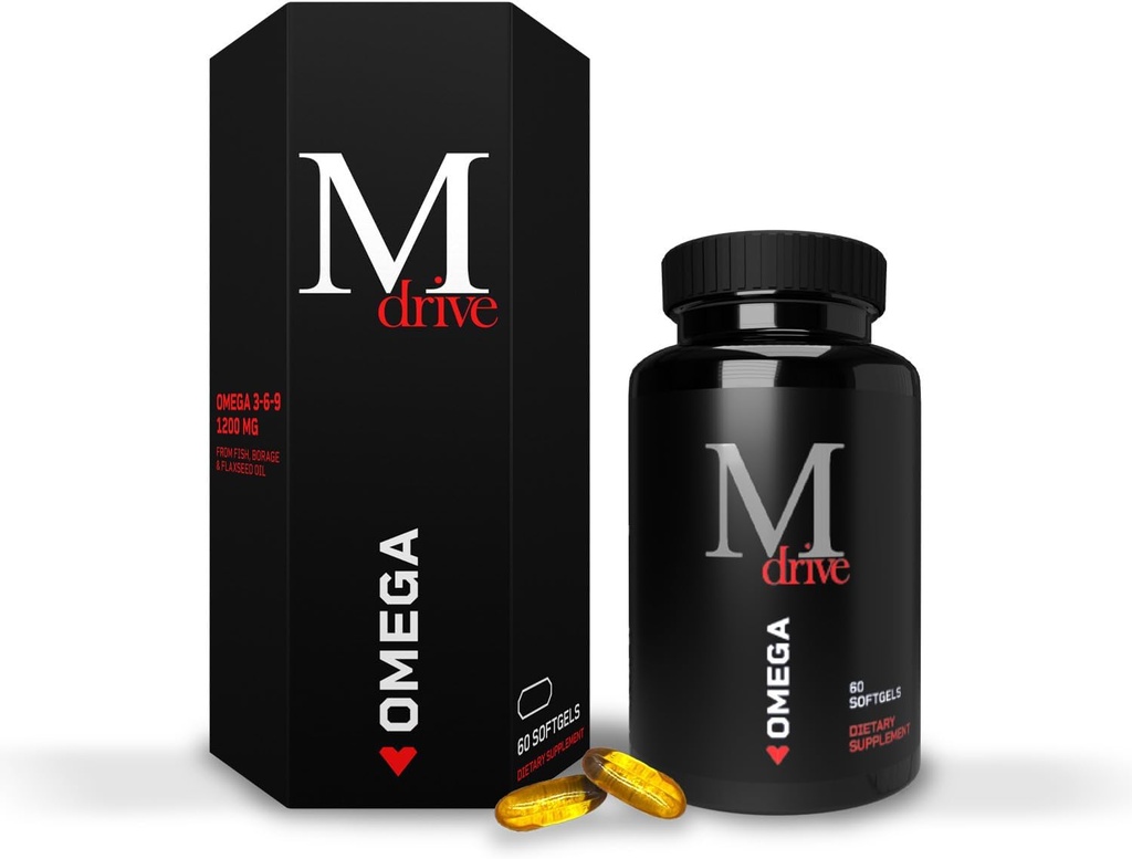 Mdrive Omega 3 Fish Oil för Män, Omega 3-6-9 1200mg från Fish, Borage & Flaxseed Oil, Support Heart, Brain, Skin och Joint Health, 60 Count