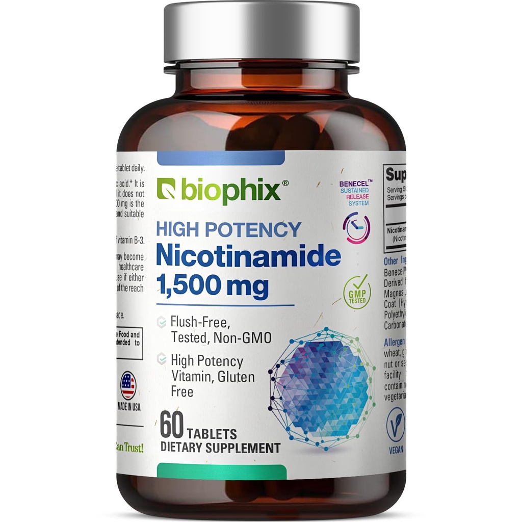 Biophix B-3 Nikotinamidi 1500 mg 60 tablettia Maximum Strength - Nikotinic Amide Niacin luonnollinen flush-vapaa vitamiini Formula - tukee ihosolujen terveys