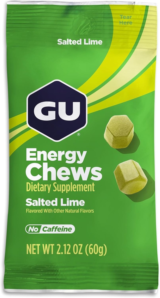 GU Energy Chews, Salted Lime Energy Gummies med Electrolytes, Vegan, Gluten-Free, Kosher, koffeinfri och Dairy-Free On-The-Go Energy för alla träningspass, 12 väskor (24 portioner totalt)
