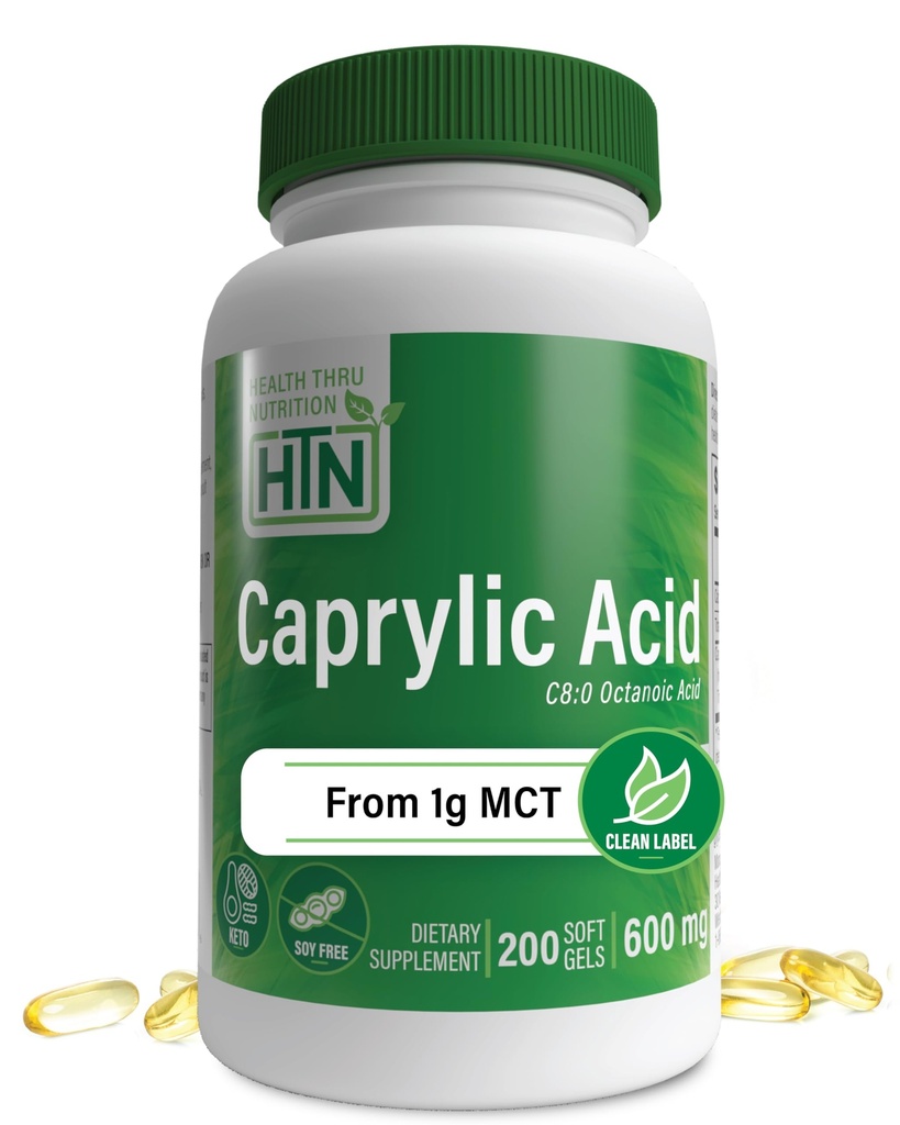 Health Thru Nutrition Caprylic Acid 600mg 200 Softgels ... C8 Octane Acid from Pure 1g MCT Oil...