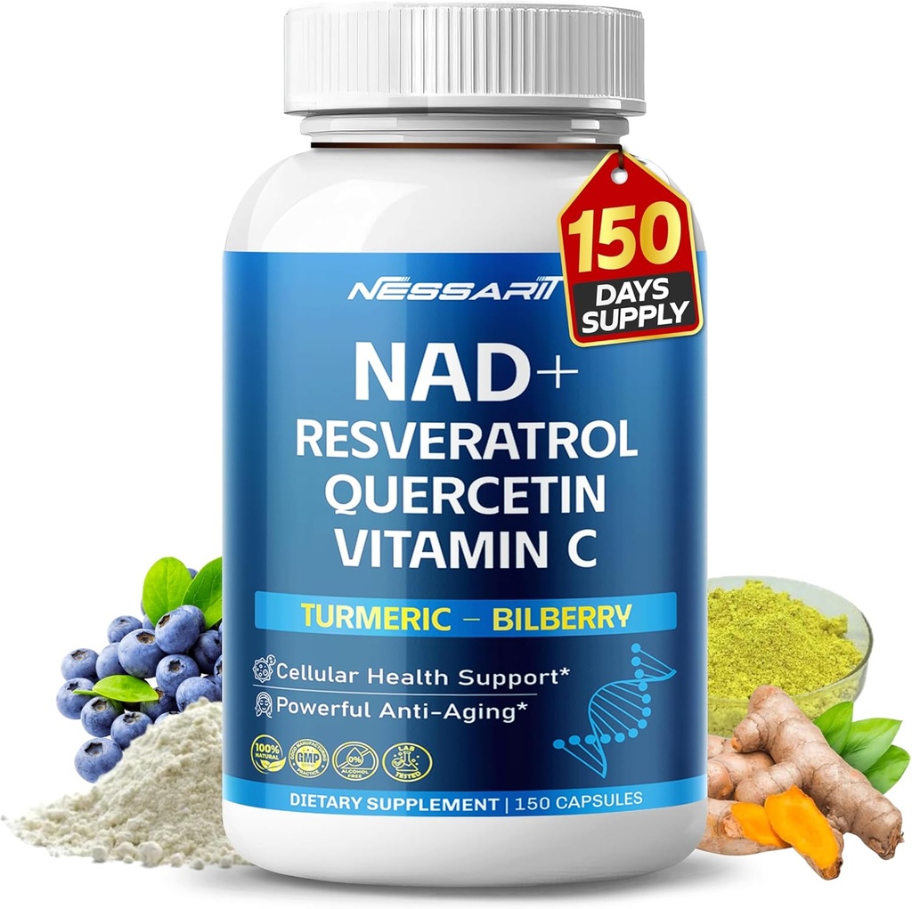 NAD + RESVERATROL Supplement- 10-i-1 Naturligt Blend med Quercetin Turmeric Berberine Bilberry Green Tea - 150 Count - Made & Tested i USA