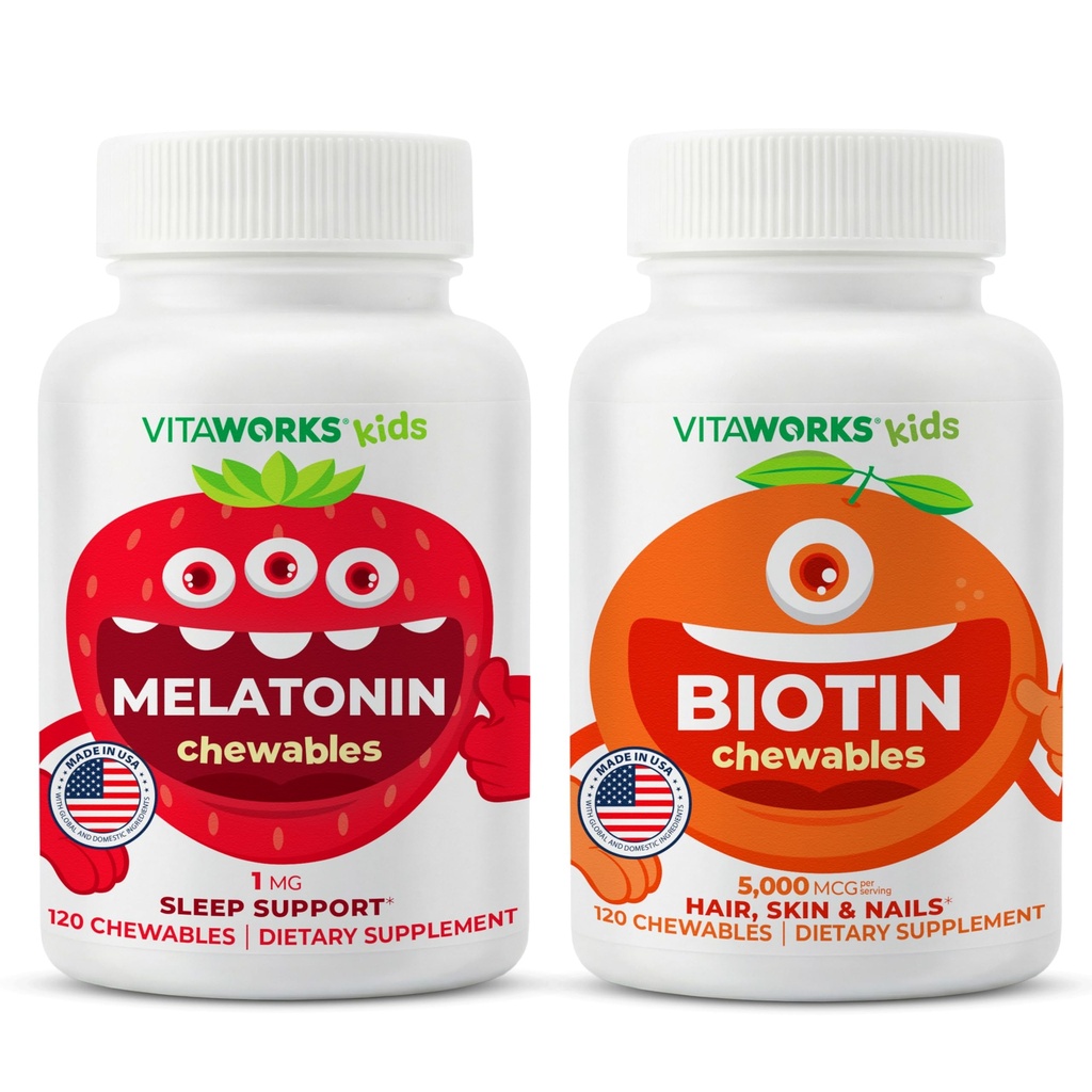 Lapset Melatoniini 1 mg purutabletti + Biotiini 5000 mcg purutabletti