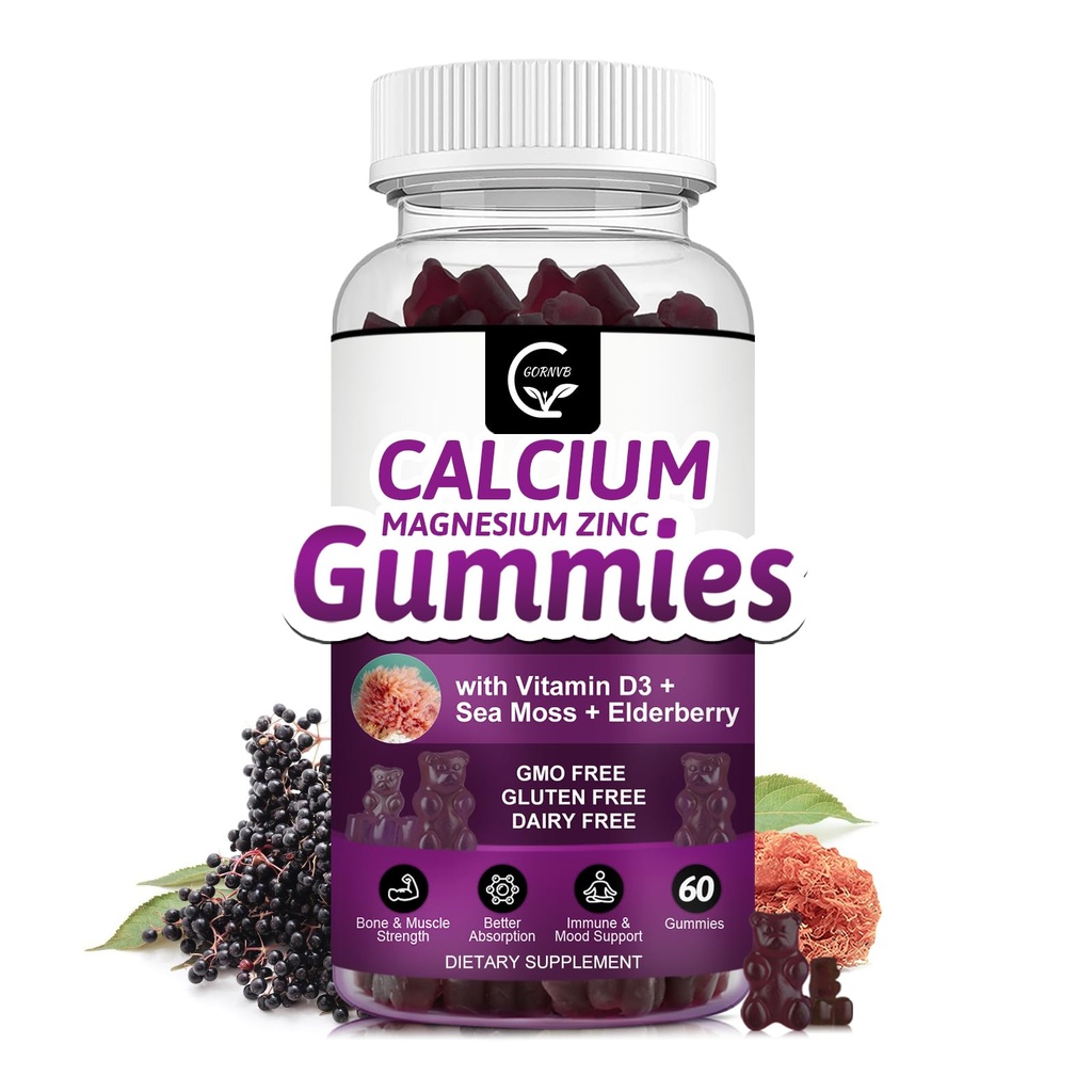 Kalcium Magnesium Zink Gummies med High Absorption Magnesium, kalium, D3 - för ben, muskler, immun & Sleep Support, Vegan