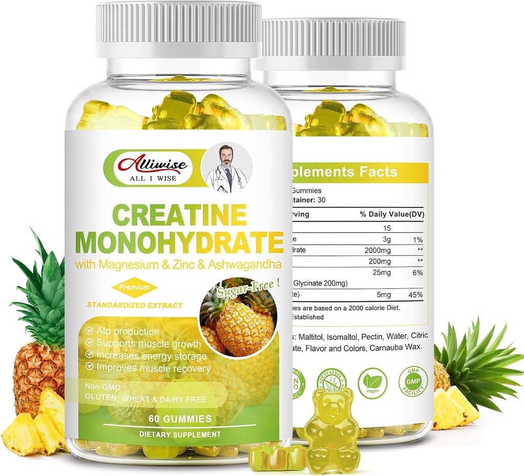 Sockerfri kreatinmonohydrat för män och kvinnor, kreatinmonohydratkomplex tillskott med Magnesium & Zink & Ashwagandha, för muskeltillväxt och styrka, energi, Pre Workout Supplement