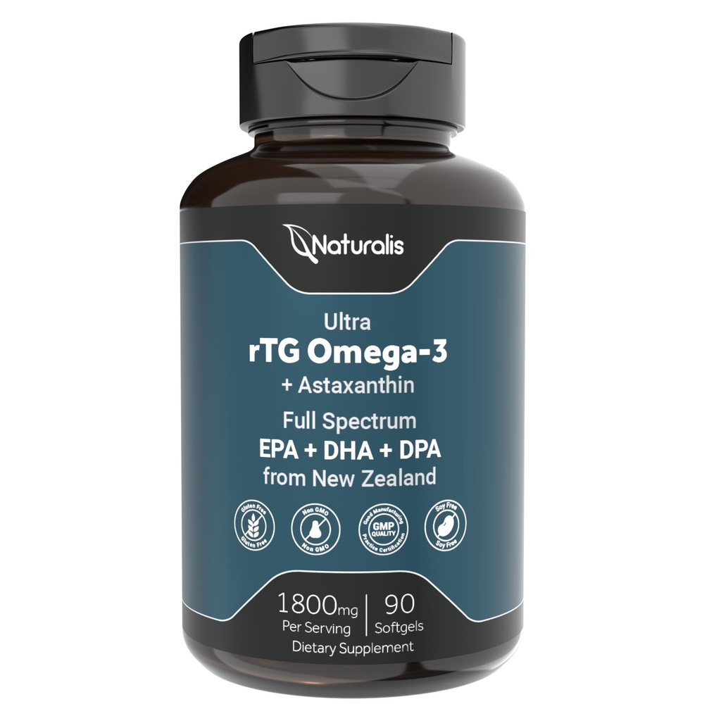 Naturalis Ultimate rTG Omega 3 Fish Oil 1800mg från Wild New Zealand Tuna - Full Spectrum Omega3s EPA, DHA & DPA - Hållbart källad, icke-GMO, Gluten Free - 90 Softgels